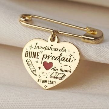 Brosa Ac de siguranta - Pandantiv inima Invatatoare - email rosu - Argint 925 placat cu Aur Galben 18K