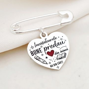 Brosa Ac de siguranta - Pandantiv inima Invatatoare - email rosu - Argint 925