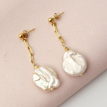 Cercei curgatori - Perle pinkie monede - Argint 925 placat cu Aur galben 18K