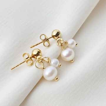 Cercei duo perlati - Model cu inchizatoare surub - Argint 925 placat cu Aur galben 18K