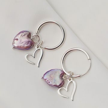 Cercei HOOPS - Inimi purpurii - Model cu perla purple heart si o inima decupata - Argint 925