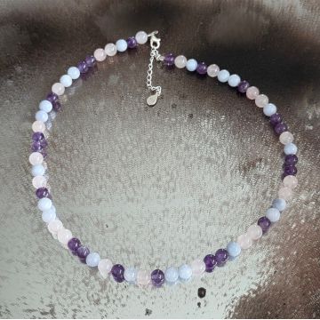 Colier ametist, cuart roz și acvamarin Clara #318