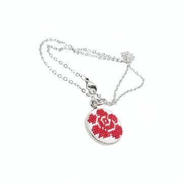 Colier inox cu broderie model floral   trandafir   Rosu