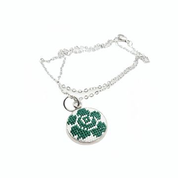 Colier inox cu broderie model floral   trandafir   Verde