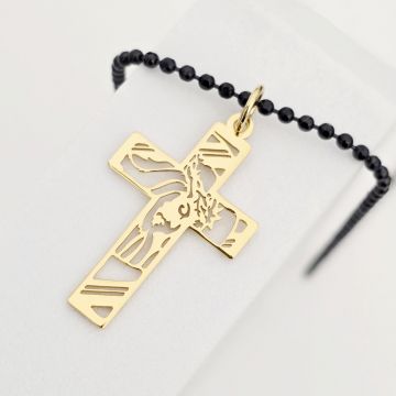 Lant barbatesc - Pandantiv cruce decupata si Chipul lui Isus - Argint 925 placat cu Aur Galben 18K si lant negru Army