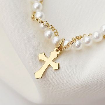 Lantisor cu Perle - Firul credintei - Model sirag perle mici impletit cu lantisor si pandantiv cruce - Argint 925 placat cu Aur Galben 18K