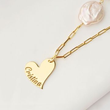 Lantisor cu Perle - Numele inimii - Model cu pandantiv inima, 3 perle pinkie monede si lant cu zale - Argint 925