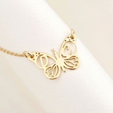 Lantisor personalizat - Pandantiv fluturas cu initiale - Argint 925 placat cu Aur Galben 18K