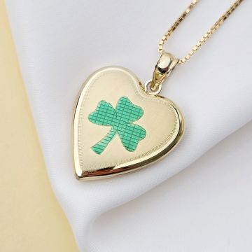 Medalion inima cu poze in interior - Three Leaf Clover - Argint 925 placat cu Aur Galben 18K