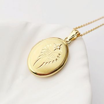 Medalion oval cu poze in interior - Angel Wings Diamond - Argint 925 placat cu Aur Galben 18K