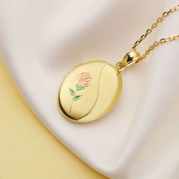 Medalion oval cu poze in interior - Enchanted Rose - Argint 925 placat cu Aur Galben 18K