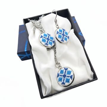 Set bijuterii inox broderie traditionala model etno albastru   cross