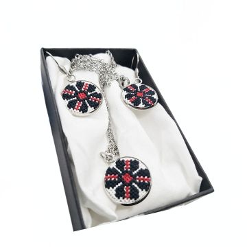 Set bijuterii inox broderie traditionala model etno rosu si negru