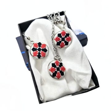 Set bijuterii inox broderie traditionala model etno rosu