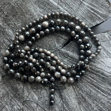 Sirag margele pietre semipretioase sfere fatetate OBSIDIAN ARGINTIU