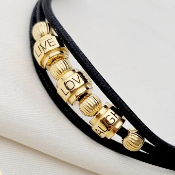 Bratara Magnetic cu Cilindri Bombati Gravati si Bilute Striate - Argint placat cu Aur Galben 18K