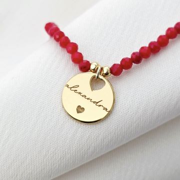 Lantisor Love Name - Pietre Coral & Pandantiv cu Nume si Inima - Argint placat cu Aur Galben 18K