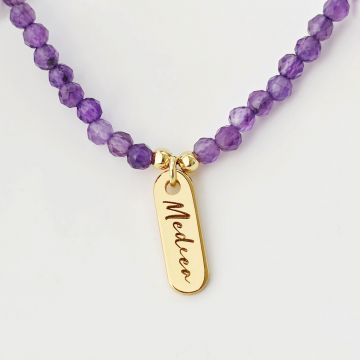 Lantisor Name Plate - Pietre Ametist & Pandantiv Placuta cu Nume - Argint placat cu Aur Galben 18K