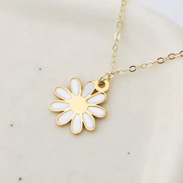 Lantisor Narcisa - Zirconii Albe & Pandantiv Floare cu Email Alb - Argint placat cu Aur Galben 18K