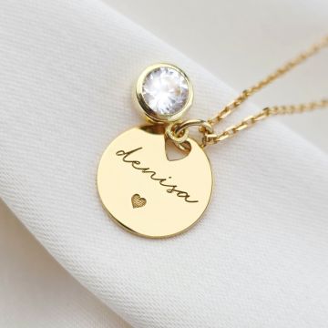 Lantisor Zirconia Charm - Pandantiv cu Nume si Simbol Inima - Argint placat cu Aur Galben 18K