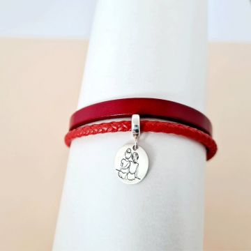 Bratara 2 straturi de piele rosie - charm banut 2 surori - Argint 925 - Inchizatoare clips din otel inoxidabil