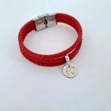 Bratara 3 straturi de piele rosie impletita - charm banut Armonie mama-fiica - Argint 925 - Inchizatoare clips din otel inoxidabil