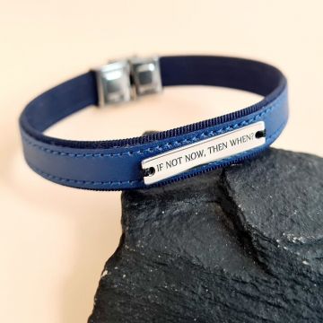 Bratara barbateasca cu piele eleganta albastra - Placuta cu text personalizat - Argint 925 - Inchizatoare clips inox