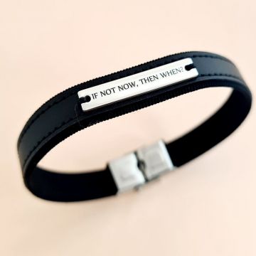 Bratara barbateasca cu piele eleganta neagra - Placuta cu text personalizat - Argint 925 - Inchizatoare clips inox