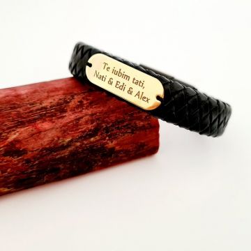 Bratara barbateasca cu piele lata neagra impletita - Placuta cu gravura personalizata - Argint 925 placat cu Aur Galben 18K - Inchizatoare neagra inox