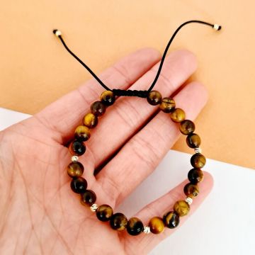 Bratara Conexiune profunda - Pietre Ochi de Tigru - Bilute din Aur 14K - Snur negru rezistent si reglabil