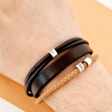 Bratara Cool - Model barbatesc cu piele maro - Cilindri cu gravura personalizata din Argint 925 - Inchizatoare neagra inox