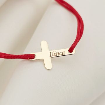 Bratara Cruciulita de 15 mm - Nume gravat - Aur Galben 14K - Snur reglabil de diverse culori
