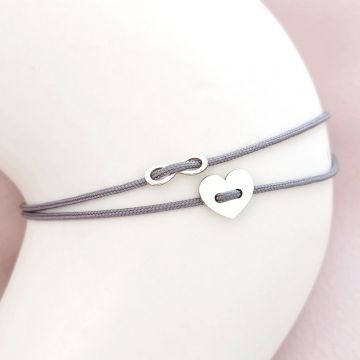 Bratara cu snur glisanta - Inima si infinit tip nasture - Argint 925