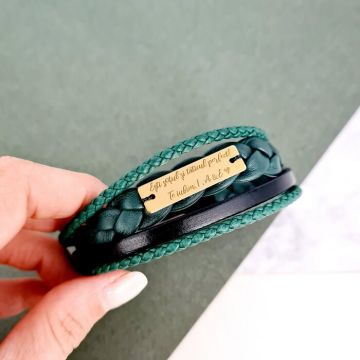 Bratara Fresh - Model barbatesc cu piele verde - Placuta cu gravura personalizata din Argint 925 placat cu Aur Galben 18K - Inchizatoare neagra inox