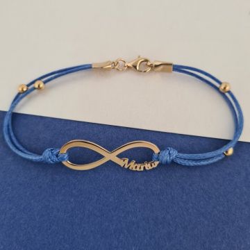 Bratara Infinit cu 1 nume decupat si 4 bilute de 4 mm - Argint 925 placat cu Aur Galben 18K - Snur dublu rezistent si inchizatoare tip carabina