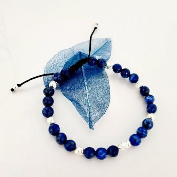 Bratara Intelepciune - Pietre Lapis Lazuli - Bilute din Argint 925 - Snur negru rezistent si reglabil