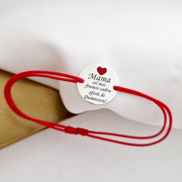 Bratara Mama, cadou de la Dumnezeu - Argint 925 si inima cu email rosu - Snur reglabil, diverse culori
