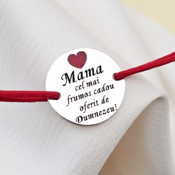 Bratara Mama, cadou de la Dumnezeu - Argint 925 si inima cu email rosu - Snur reglabil, diverse culori