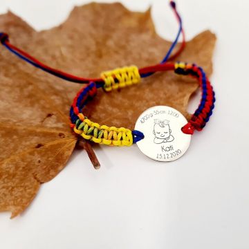 Bratara personalizata - Banut 15 mm - Pui de roman - Argint 925 - Snur impletit tricolor