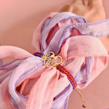 Bratara personalizata cu nume - Forma Soricel cu fundita - Argint 925 placat cu Aur Galben 18K - Snur impletit multicolor