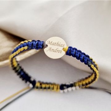 Bratara personalizata cu snur impletit multicolor - Banut 10 mm gravat cu nume/data/mesaj/simbol - Aur Galben 14K