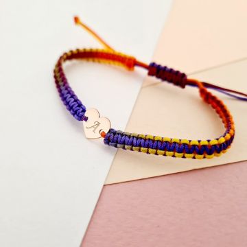 Bratara personalizata cu snur impletit multicolor - Pandantiv inima - Aur Roz 14K