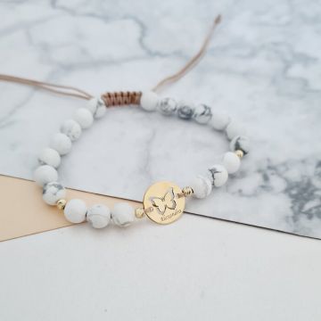 Bratara personalizata - Fluture decupat - Banut 12 mm si 4 bilute din Aur Galben 14K - Pietre semipretioase