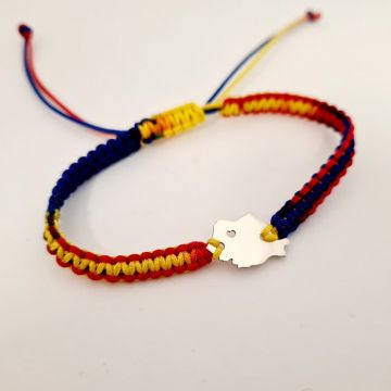 Bratara personalizata - Harta Romaniei cu inima decupata - Argint 925 - Snur impletit tricolor