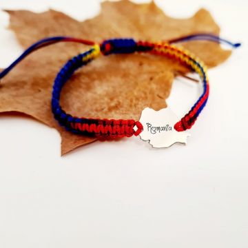 Bratara personalizata - Harta Romaniei gravata - Argint 925 - Snur impletit tricolor