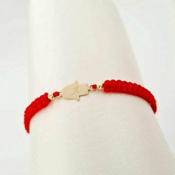 Bratara personalizata - Mana Fatima cu 4 bilute de 3 mm - Aur Galben 14K - Snur impletit reglabil