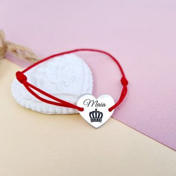 Bratara personalizata - Pandantiv inima cu nume si coroana - Argint 925 - snur reglabil