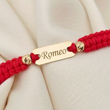 Bratara personalizata - Placuta cu nume si cu 2 bilute de 3 mm - Aur Galben 14k - Snur reglabil impletit diverse culori