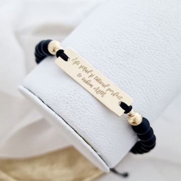 Bratara personalizata - Placuta gravata si 4 bilute din Aur Galben 14K - Pietre semipretioase - Inchizatoare snur reglabil