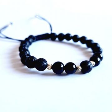 Bratara pietre semipretioase - Lava cu 4 Onix si 6 bilute de 3 mm din Aur 14K - Snur negru rezistent si reglabil